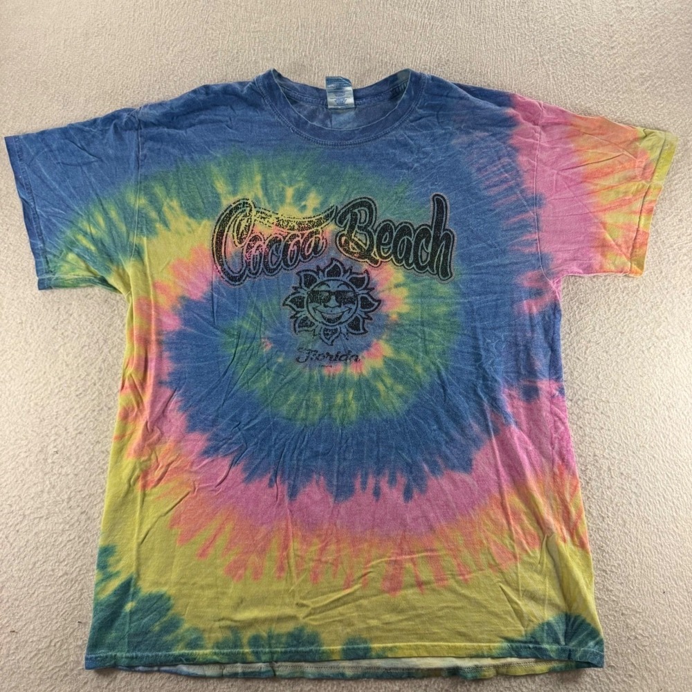 Gildan Cocoa Beach T-Shirt Mens Large Multicolor Good Tie Dye Florida Sun Retro